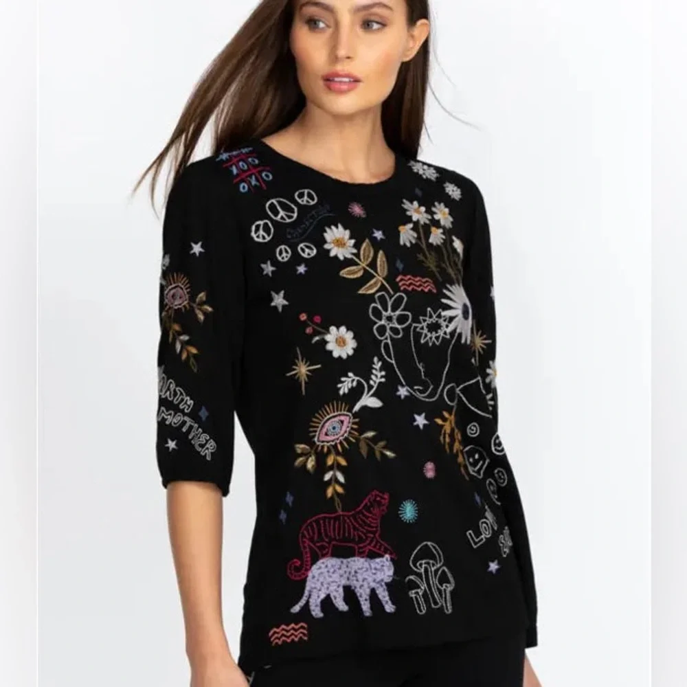 JOHNNY WAS • Soho puff sleeve top • Small - embroidered black - Picture 2 of 11